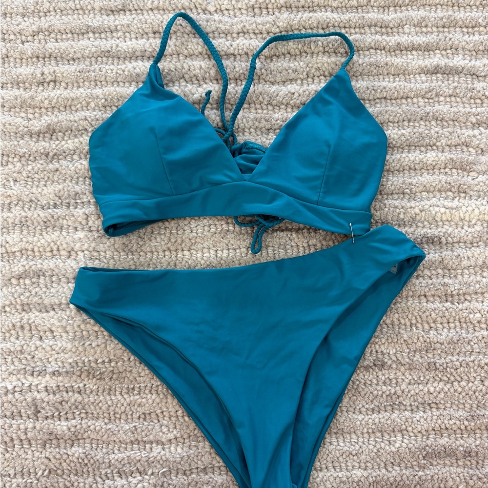 Zaful Teal Triangle Lace-Up Bikini Set